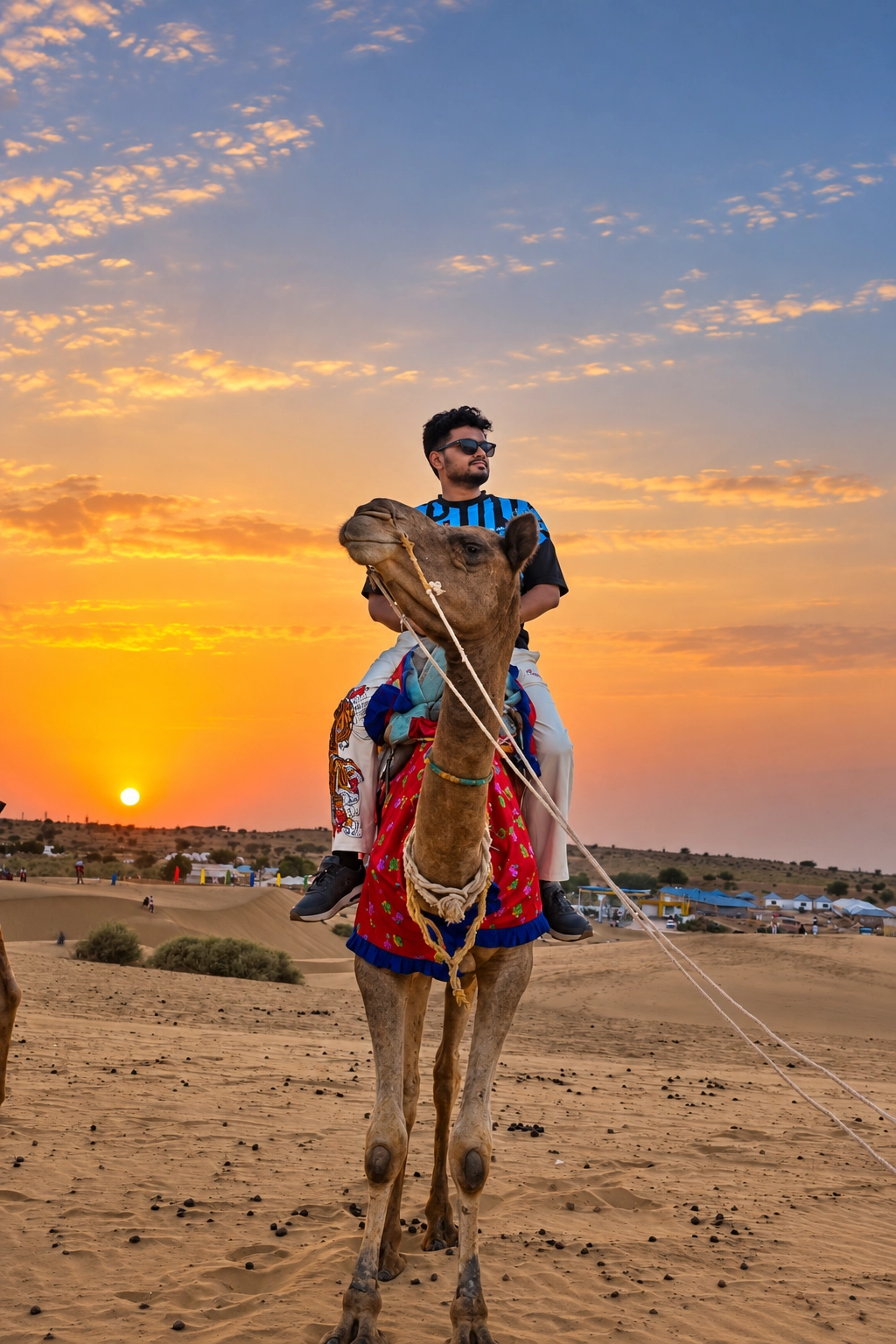 Traveler riding a camel through the Jaisalmer dunes at sunset
