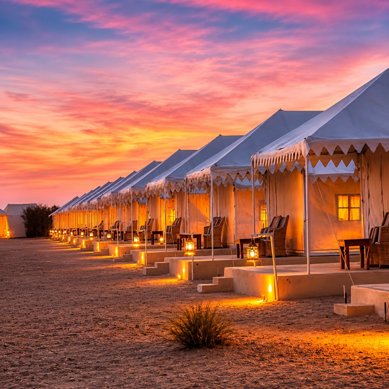 A row of luxury tents glowing at sunset, private sit-out decks in front