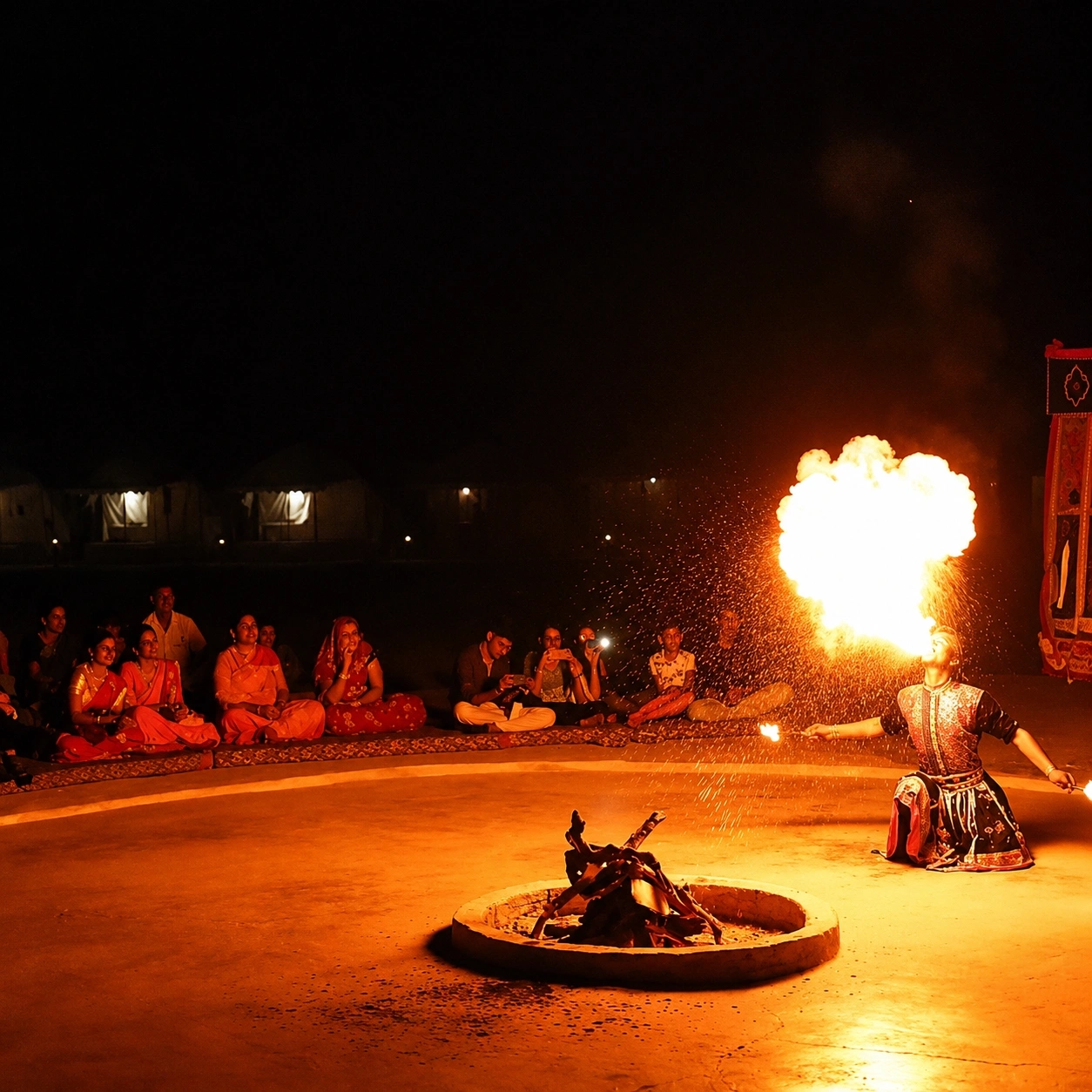 Fire dance performance around a campfire at an evening desert camp