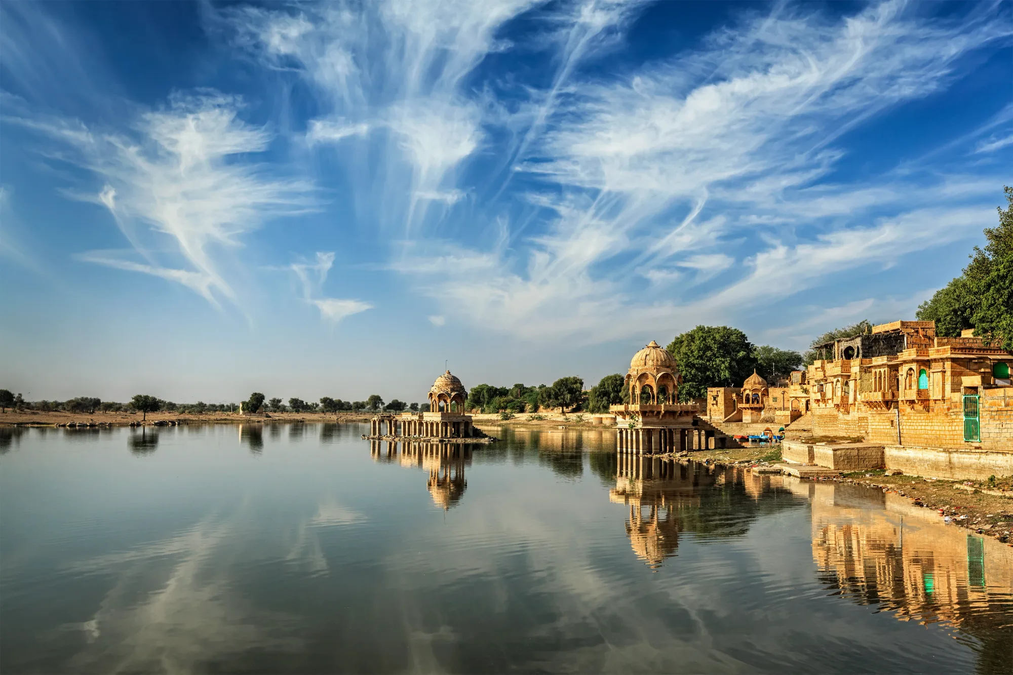 Gadisar Lake and its lakeside chhatris at sunrise